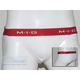  กางเกงในชาย M-I-G (เอ็มไอจี) แทงก้าสีขาว ขอบยางยืดสีแดง M-I-G Tanga เนื้อผ้า spandex 