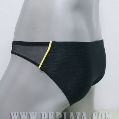 กางเกงในชาย Bikini สไตล์ใหม่ จาก X-Rock พื้นสีดำ ลายเส้นสีเหลือง ผ้าตาข่ายมีซีทรูช่วงต้นขาด้านหน้าและหลัง :A082