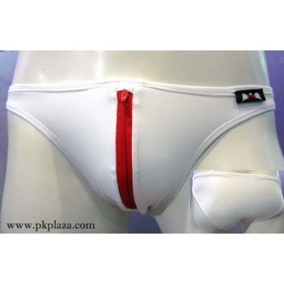 กางเกงในชาย Bikini พื้นขาว มีซิบสีแดงด้านหน้า เนื้อผ้า 95% Spandex COTTON 5% เนื้อผ้ายืดใส่สบายจาก :MB-713-RD