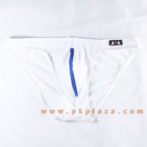 กางเกงในชาย Bikini พื้นขาว มีซิบสีน้ำเงินด้านหน้า เนื้อผ้า 95% Spandex COTTON 5% เนื้อผ้ายืดใส่สบายจาก :MB-713-BL