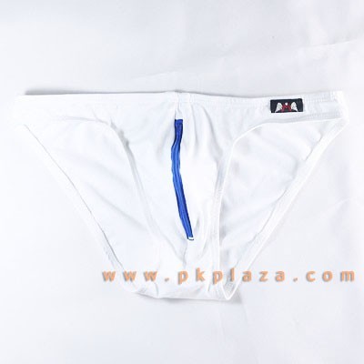 กางเกงในชาย Bikini พื้นขาว มีซิบสีน้ำเงินด้านหน้า เนื้อผ้า 95% Spandex COTTON 5% เนื้อผ้ายืดใส่สบายจาก :MB-713-BL
