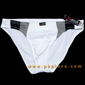 กางเกงในชาย Bikini ผ้า Spandex ยืดนิ่ม มีรูระบายหน้า-หลัง สีขาว ตัดขอบดำเทา สวมใส่แล้วกระชับ สบายตัว :A117