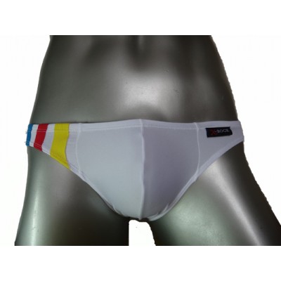 กางเกงในชาย Bikini สไตล์ใหม่ จาก X-Rock พื้นสีขาว แถบข้างขวามีลายเส้น 3 สี เหลือง :A131