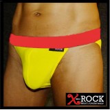  กางเกงในชาย X-Rock สไตล์แทงก้า เปิดหน้าขาเว้าสูง ด้านหลังเต็มก้น แถบเอวเป็นสายอีลาสติกขอบใหญ่ สีแดง ตัดกับเนื้อผ้าสีเหลือง...
