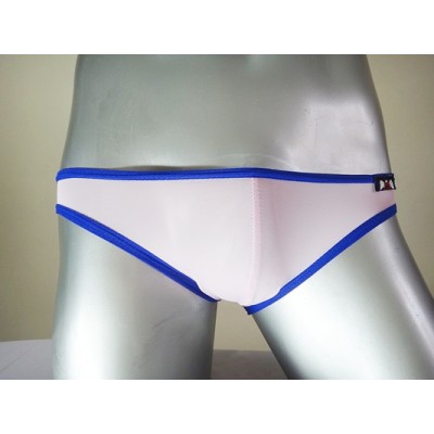 Bikini ซีทรูผ้ายืดเนื้อนิ่ม สีชมพูอ่อน ตัดขอบด้วยแถบเส้นสีน้ำเงิน เป็นแนวซีทรูแนบเนื้อ วับแวม ให้ได้ลุ้น :MB-899-BL