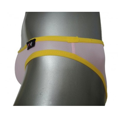 Bikini ซีทรูผ้ายืดเนื้อนิ่ม สีชมพูอ่อน ตัดขอบด้วยแถบเส้นสีเหลือง เป็นแนวซีทรูแนบเนื้อ วับแวม ให้ได้ลุ้น :MB-899-YL
