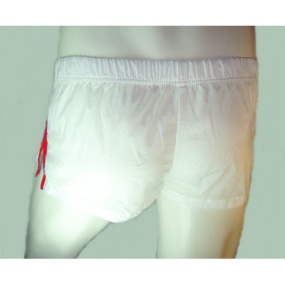 Boxer Short จาก X-Rock สีขาว ตัดขอบข้างด้วยแถบสีแดง เอวต่ำ ขาสั้น สูงเพียงหนึ่งคืบ ผ้า UV Gelanots :A-BX-WH-RD
