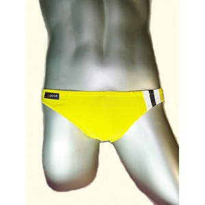 กางเกงในชาย Bikini สไตล์ใหม่ จาก X-Rock พื้นสีเหลือง แถบข้างซ้ายมีลายเส้น 3 แถบ สีขาว ดำ :A086
