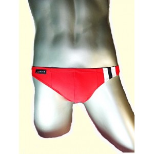 กางเกงในชาย Bikini สไตล์ใหม่ จาก X-Rock พื้นสีแดง แถบข้างซ้ายมีลายเส้น 3 แถบ สีขาว ดำ :A087