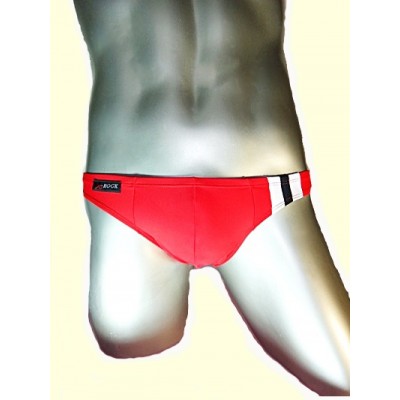กางเกงในชาย Bikini สไตล์ใหม่ จาก X-Rock พื้นสีแดง แถบข้างซ้ายมีลายเส้น 3 แถบ สีขาว ดำ :A087