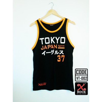 เสื้อกล้ามพื้นดำ X-ROCK ขอบส้ม สกรีน TOKYO JAPAN Cotton Comfort ผลิตจากเส้นใยฝ้ายธรรมชาติ จึงสวมใส่สบายSoft :VT-002