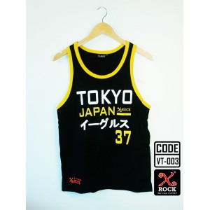 เสื้อกล้ามพื้นดำ X-ROCK ขอบเหลือง สกรีน TOKYO JAPAN 
Cotton Comfort ผลิตจากเส้นใยฝ้ายธรรมชาติ :VT-003