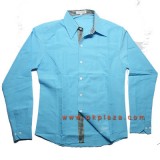  เสื้อ Shirt Design by  Web@Site  สีฟ้า สาบเสื้อที่ติดกระดุมและคอปกเป็นลายตารางขาวดำ รุ่นนี้ มีไซส์ M และ L...