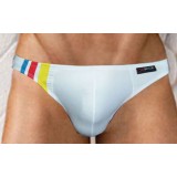  กางเกงในชาย Bikini สไตล์ใหม่ จาก X-Rock พื้นสีขาว แถบข้างขวามีลายเส้น 3 สี เหลือง แดง ฟ้า...